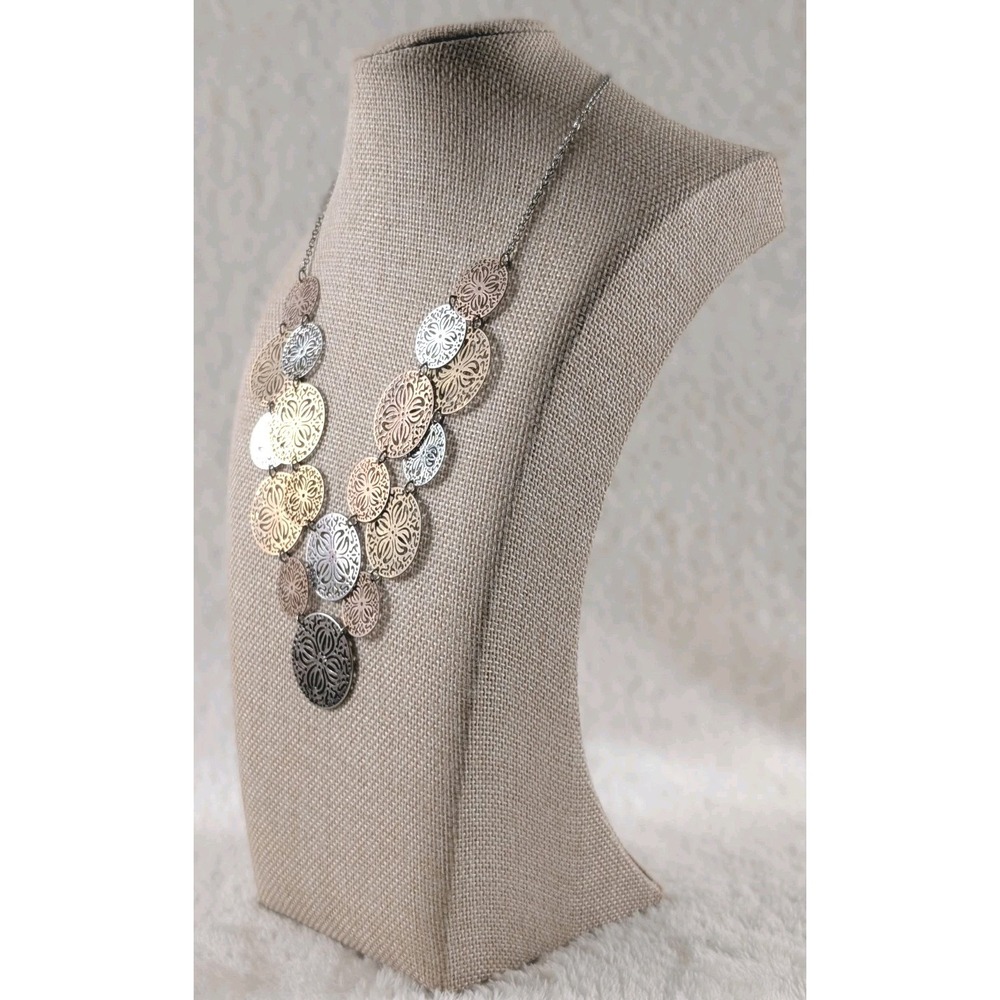 Multi‎ Tone Filigree Disc Bib Necklace Silver Gold Rose Tone Statement